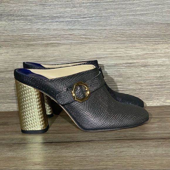 Valentina Rangoni Sansone Leather Block Heel Mule Grafite Black and Gold Size- 7 - Picture 2 of 9